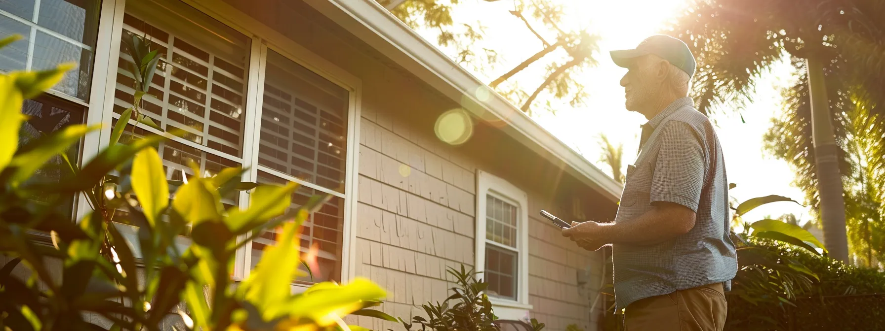 a homeowner inspecting the exterior of their house in miami, looking for signs of aging or damage to ensure it meets fha standards for a reverse mortgage.