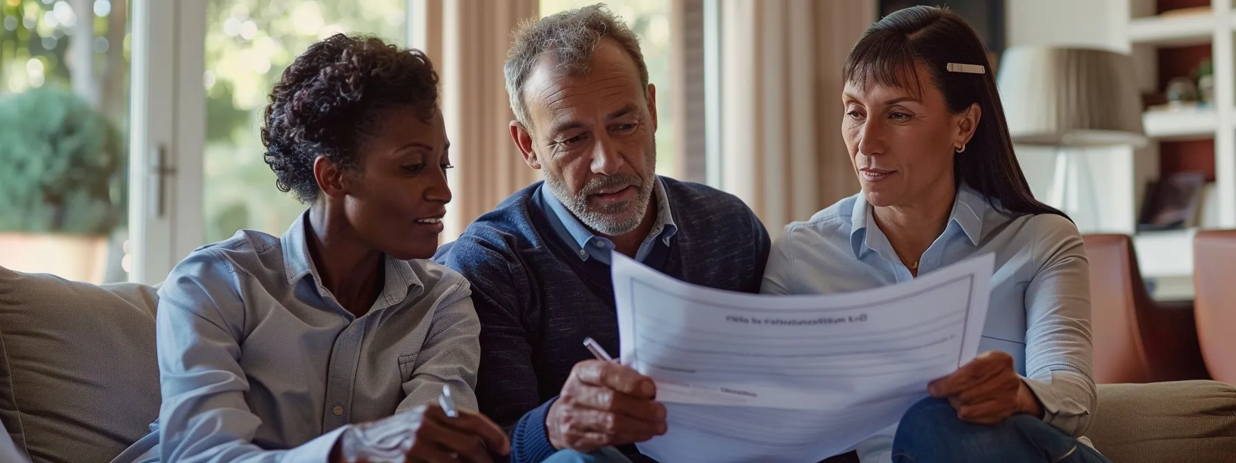 a couple reviewing paperwork with a mortgage advisor in their home.