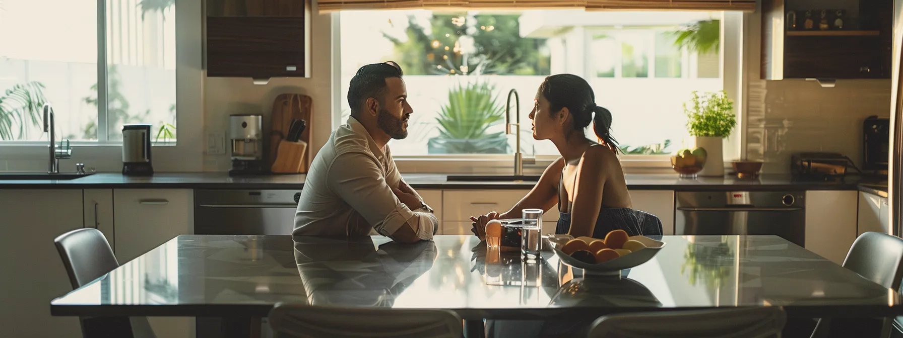 a couple sitting at a sleek modern kitchen table in miami, discussing mortgage refinancing options.