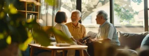 a senior couple sitting with a financial advisor discussing mortgage options.