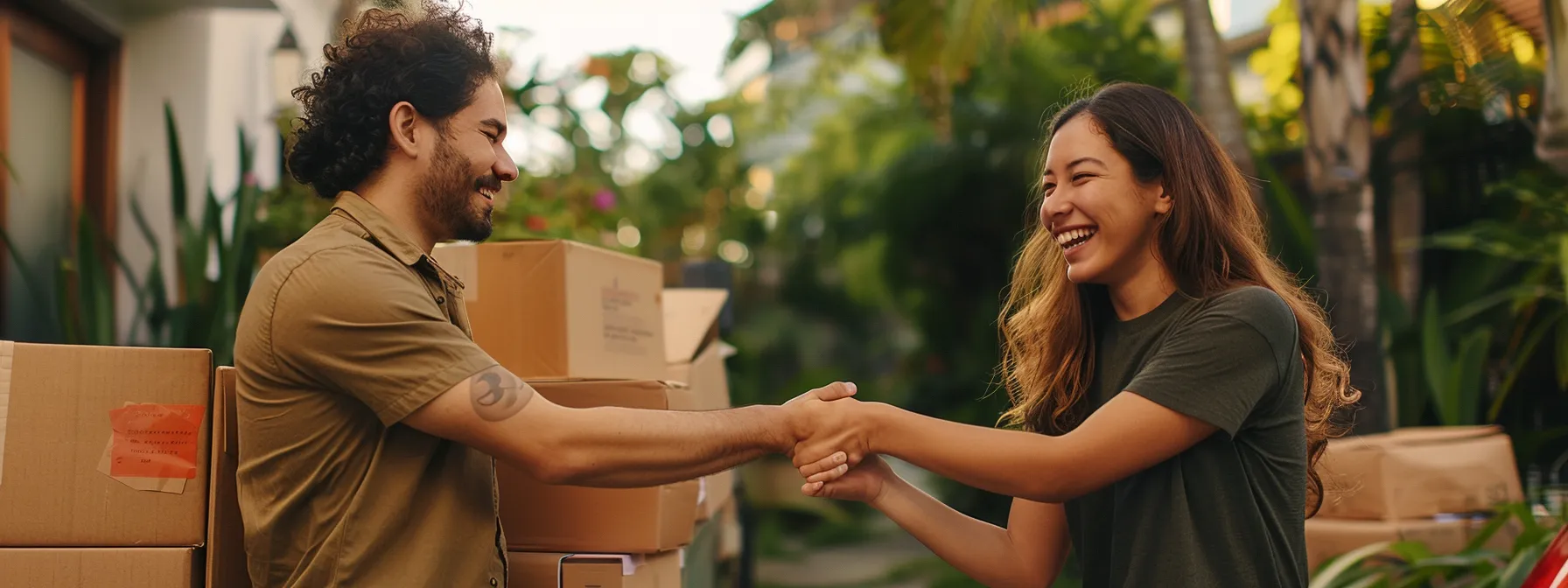 a young couple smiling and shaking hands with a real estate agent in front of their new miami home, with moving boxes stacked nearby.
