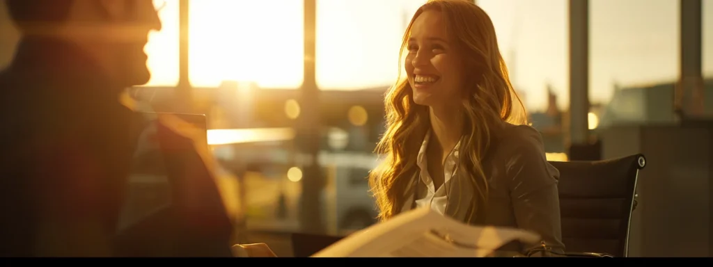a person smiling confidently as they hand over paperwork to a friendly bank manager in a sunlit miami office.