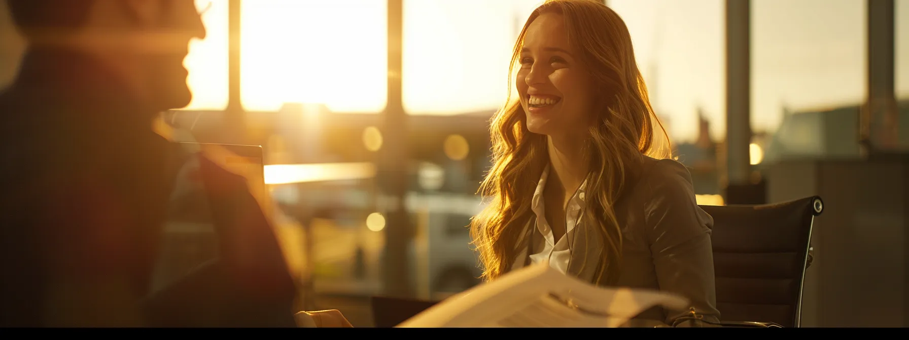 a person smiling confidently as they hand over paperwork to a friendly bank manager in a sunlit miami office.