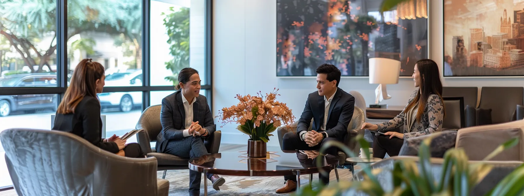 a young couple meeting with a knowledgeable mortgage broker in a sleek miami office, discussing housing trends and mortgage options for first-time buyers.