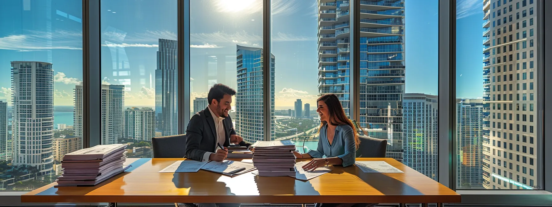 a couple ecstatically signing mortgage documents in a modern miami office, surrounded by stacks of paperwork and a panoramic city view.
