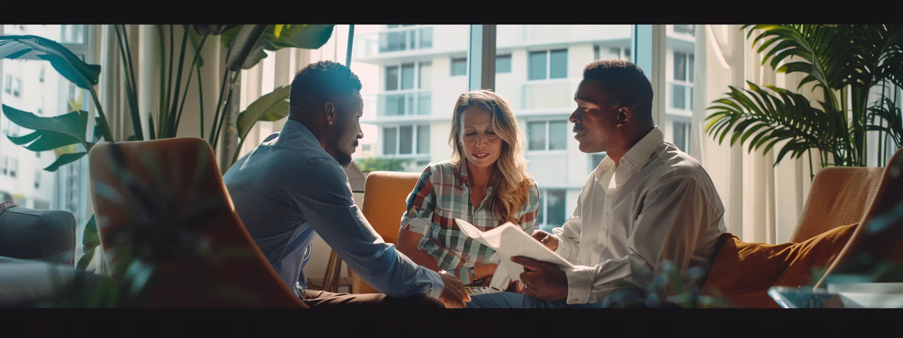 a couple sitting with a mortgage broker, discussing loan approval obstacles in miami, surrounded by charts and paperwork.