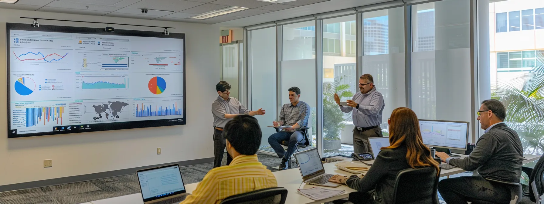 a group of miami mortgage professionals discussing strategies in a modern office setting, surrounded by charts and graphs.