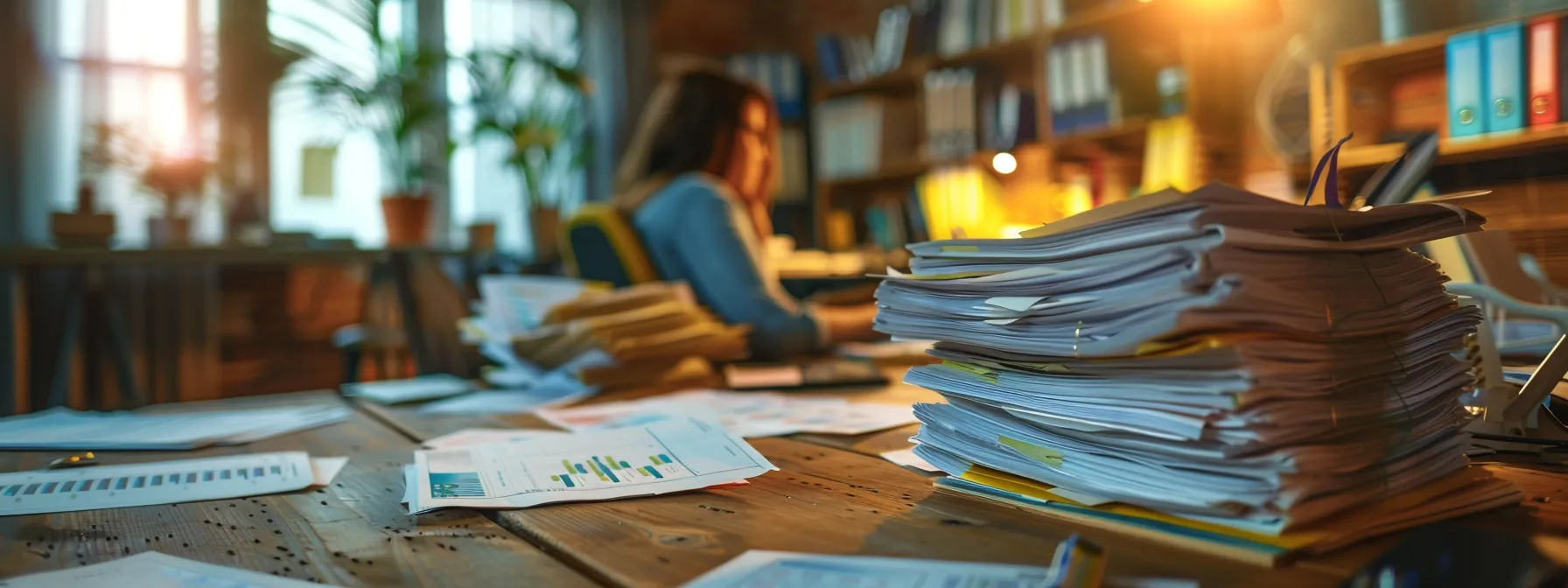 a person analyzing mortgage documents surrounded by stacks of paperwork and financial charts in a bustling miami office.