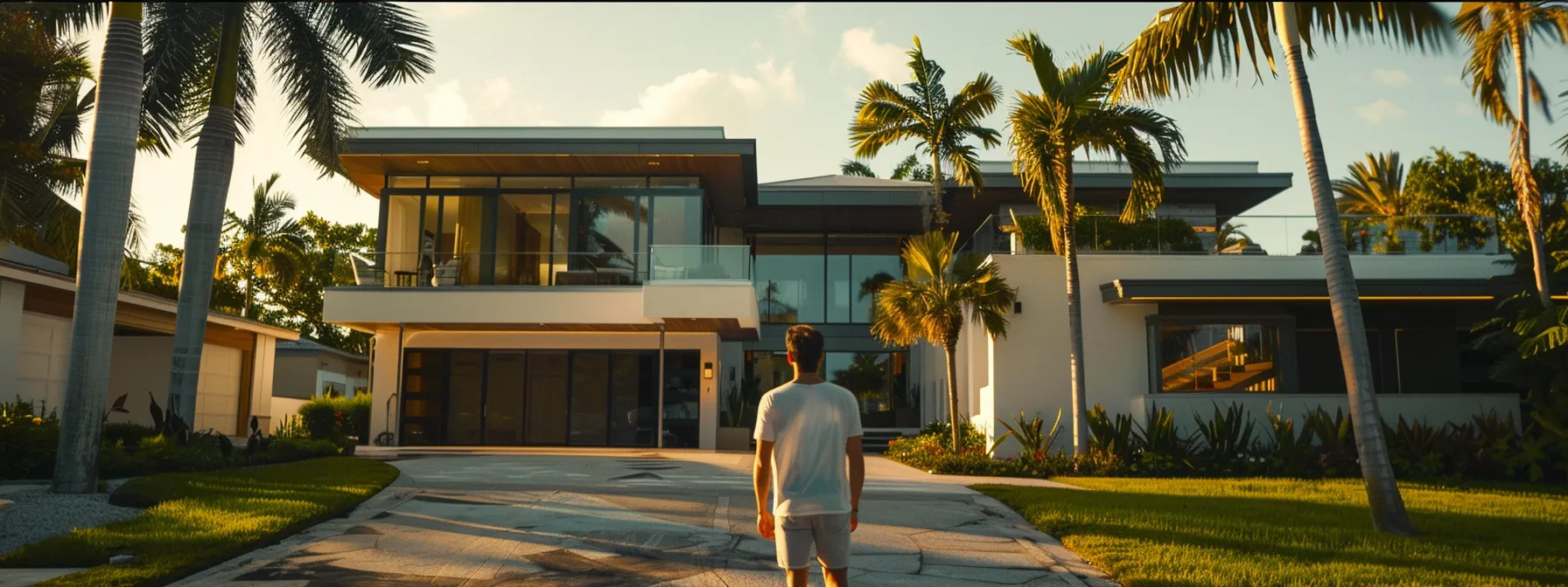 a person confidently inspecting a modern miami home with a palm tree-lined street in the background.
