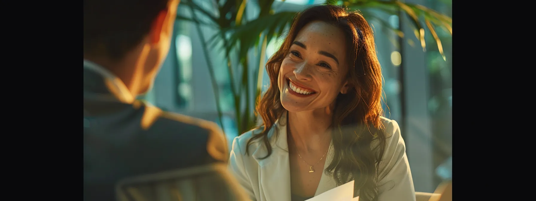 a woman smiling as she confidently presents financial documents to a banker in a sleek miami office.