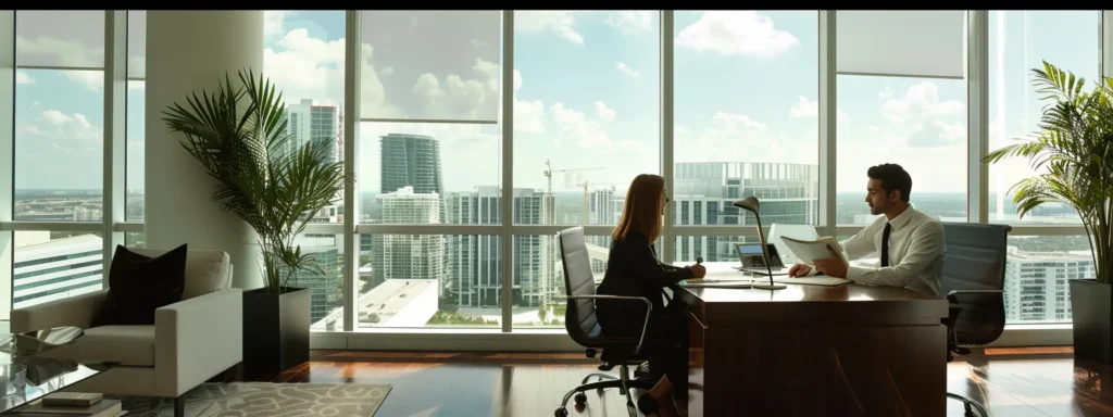 a couple sitting at a sleek, modern desk in a miami office, signing documents for their optimized mortgage refinance.