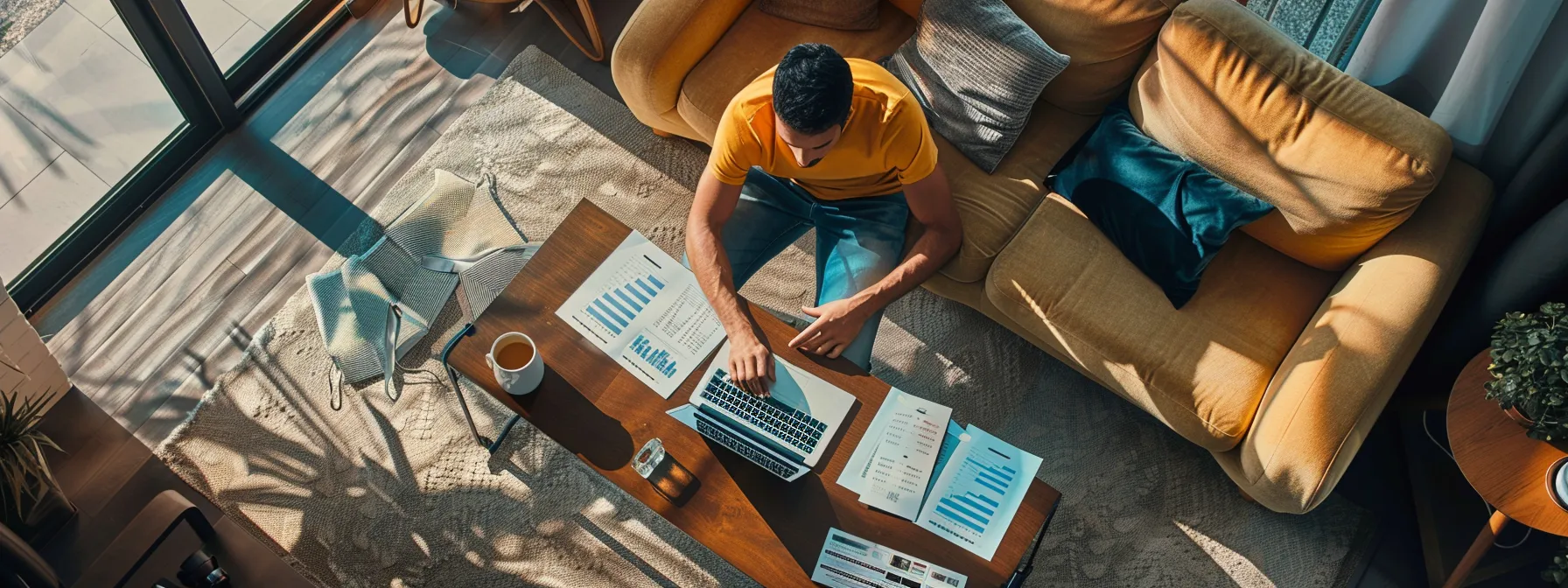 a homeowner in miami reviewing different refinancing options with charts and graphs spread out on a modern table.