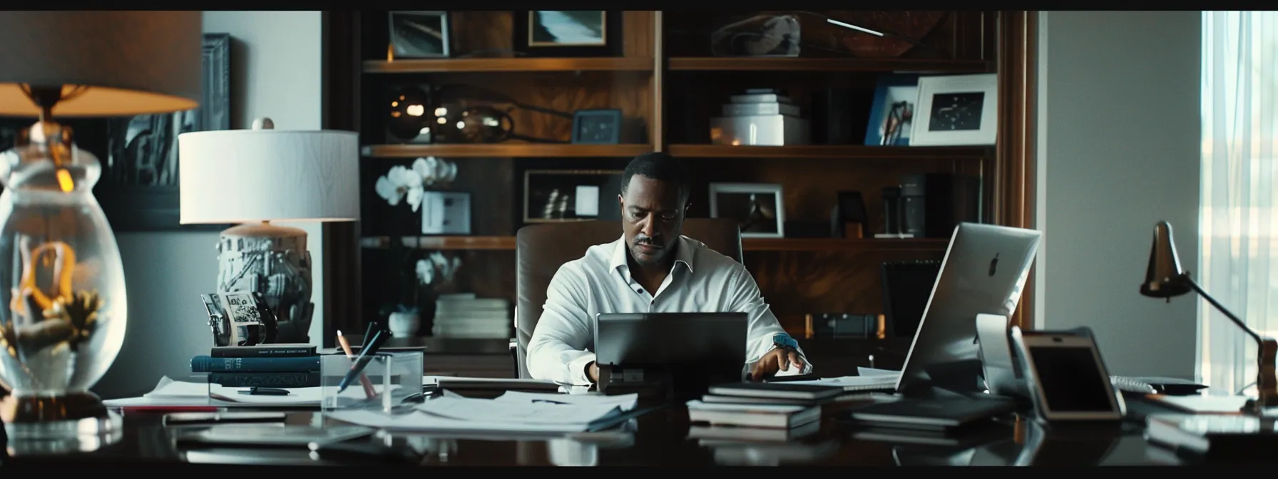 a miami homeowner sitting at a sleek, modern desk surrounded by financial documents and a laptop, looking focused and determined as they research mortgage refinancing options online.