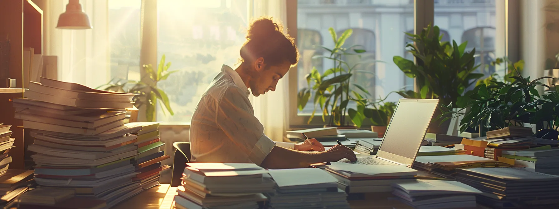 a person carefully organizing and reviewing paperwork at a desk in a sunlit miami office, surrounded by colorful folders and a sleek laptop.