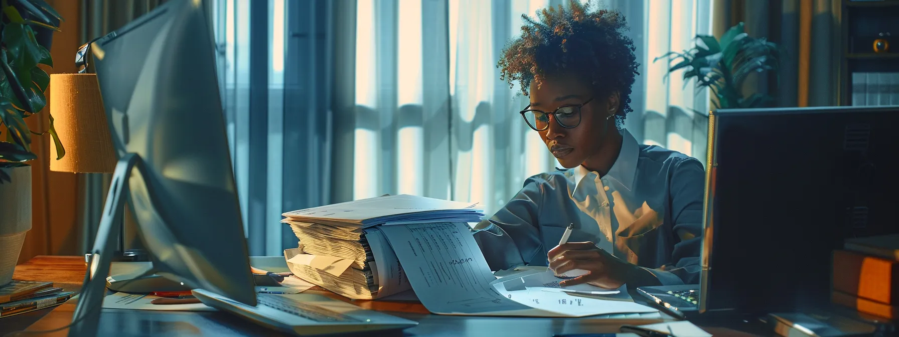 a homeowner in miami carefully comparing different lenders with a stack of paperwork on a modern desk.
