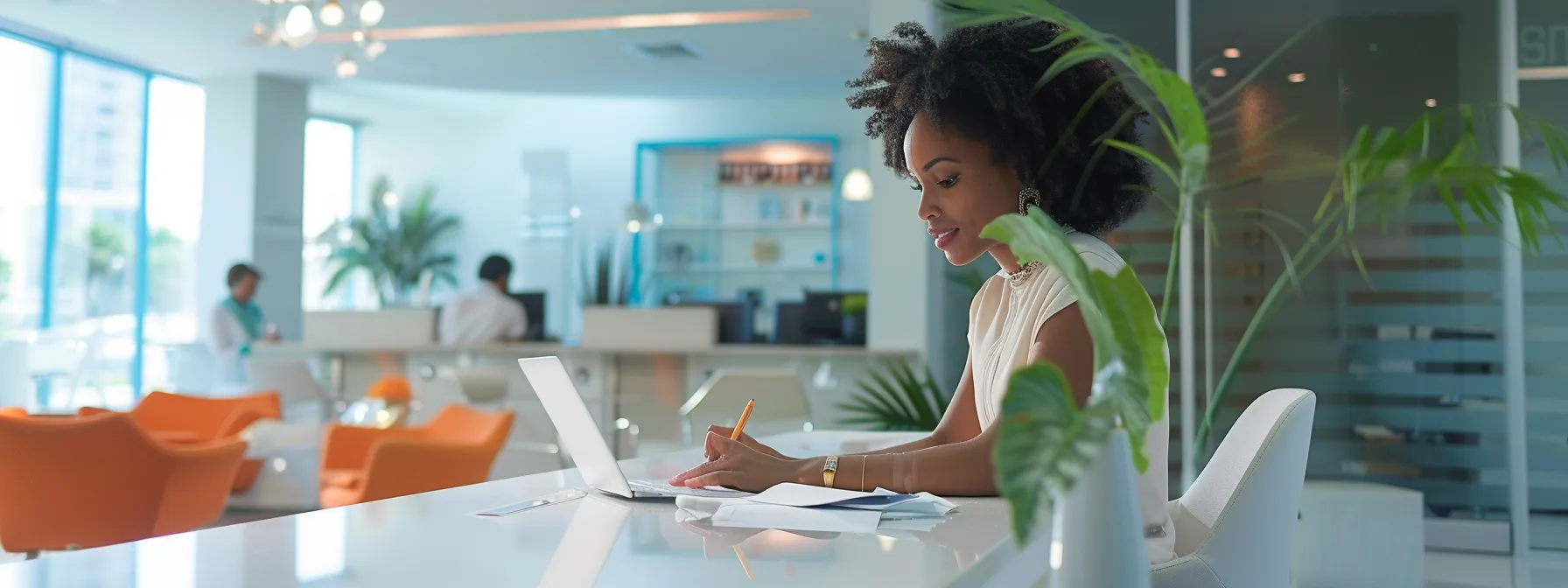 a person confidently submitting paperwork at a sleek miami mortgage office, surrounded by modern technology and helpful staff.