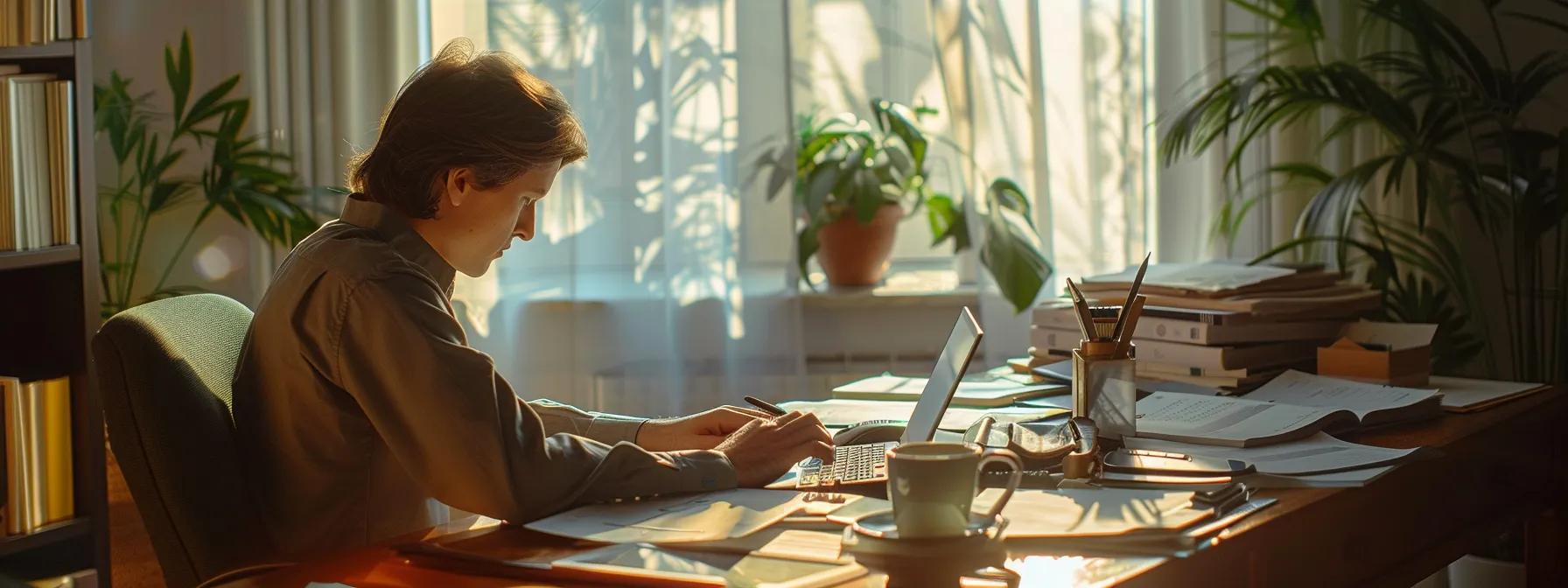 a person sitting at a desk in miami, surrounded by financial documents and a calculator, deep in concentration while analyzing mortgage refinancing options.