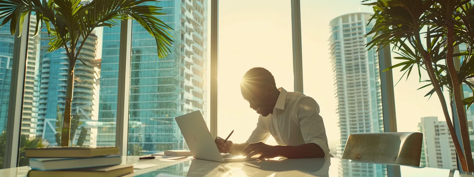 a person happily signing mortgage refinance documents in a bright, modern office setting in miami.