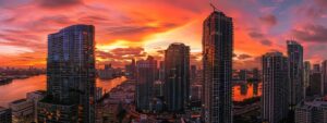 a vibrant miami skyline at sunset, with modern skyscrapers reflecting warm orange and pink hues over a calm bay, symbolizing the promise of affordable mortgage refinance options.