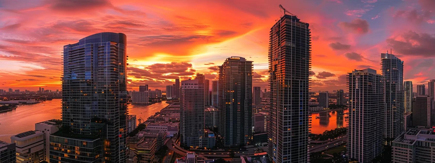 a vibrant miami skyline at sunset, with modern skyscrapers reflecting warm orange and pink hues over a calm bay, symbolizing the promise of affordable mortgage refinance options.